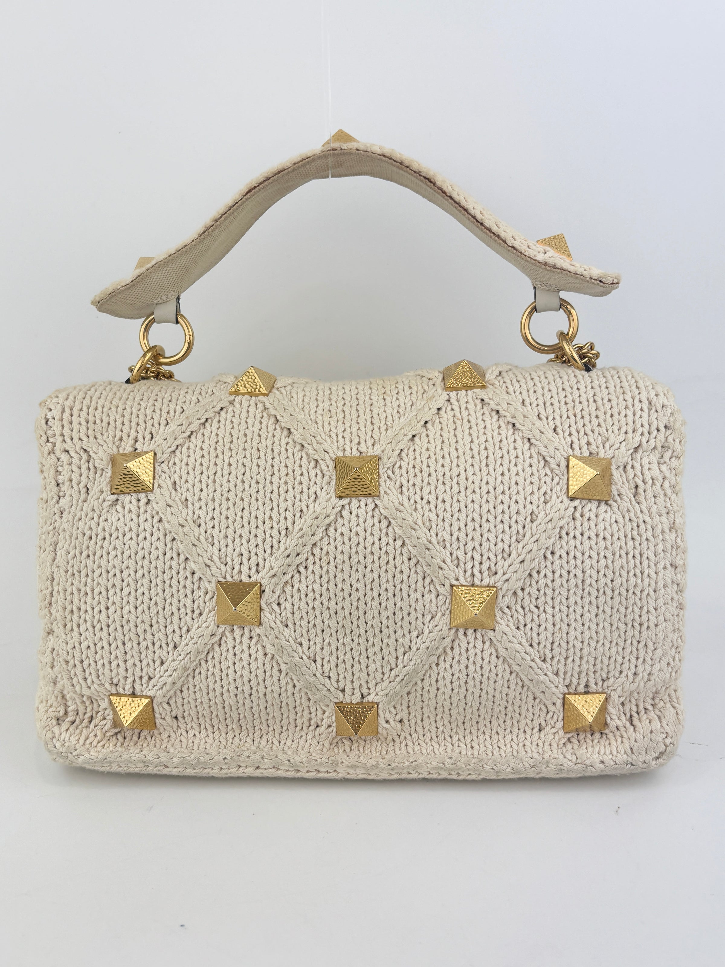 Off White Lurex Knit Fabric Roman Stud Shoulder Bag
