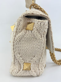 Off White Lurex Knit Fabric Roman Stud Shoulder Bag