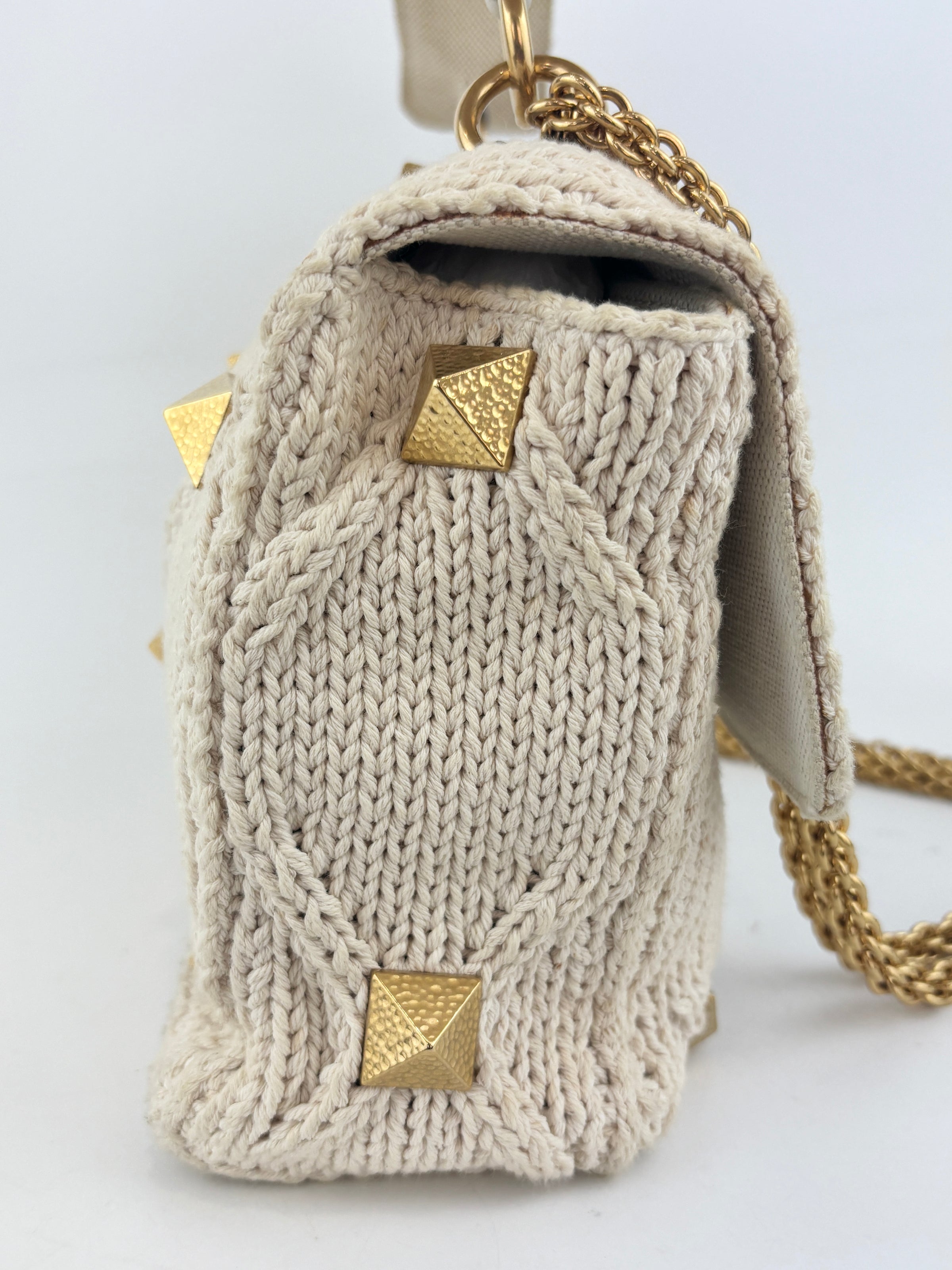 Off White Lurex Knit Fabric Roman Stud Shoulder Bag