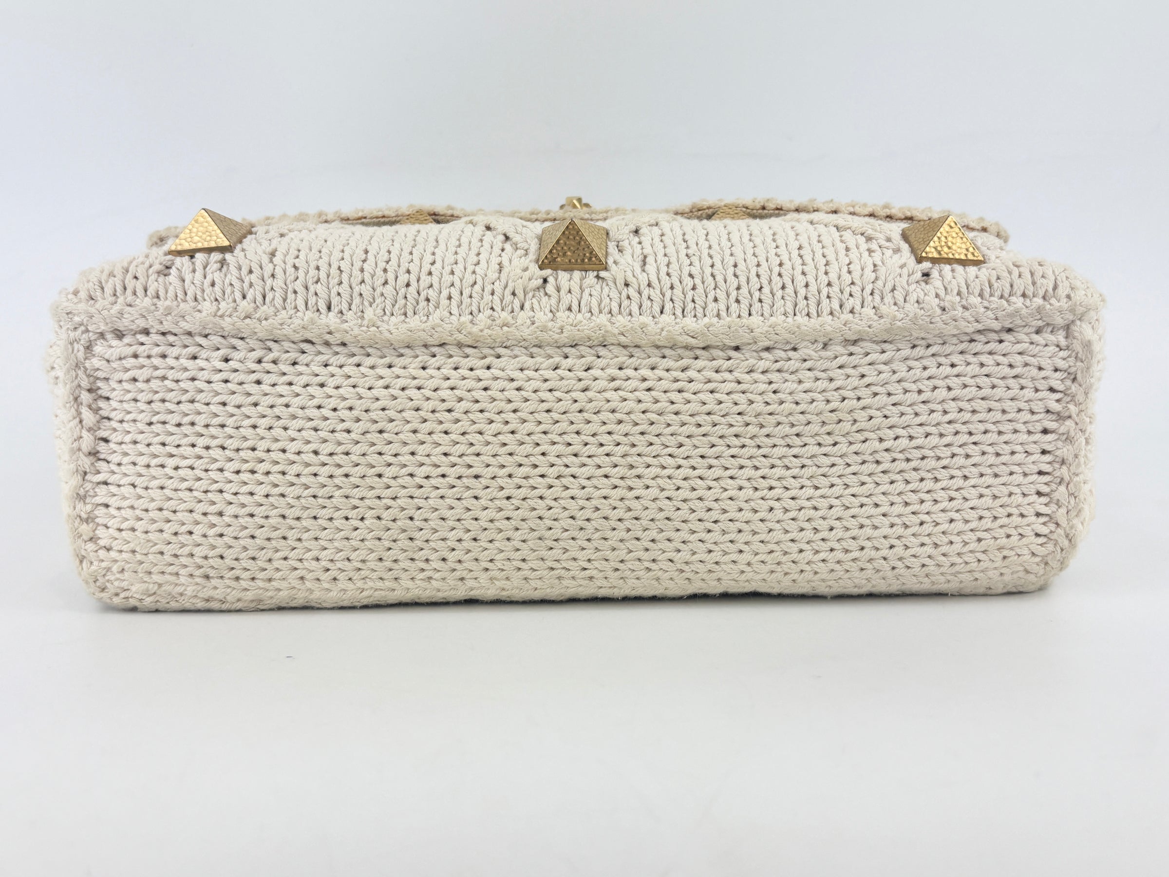 Off White Lurex Knit Fabric Roman Stud Shoulder Bag