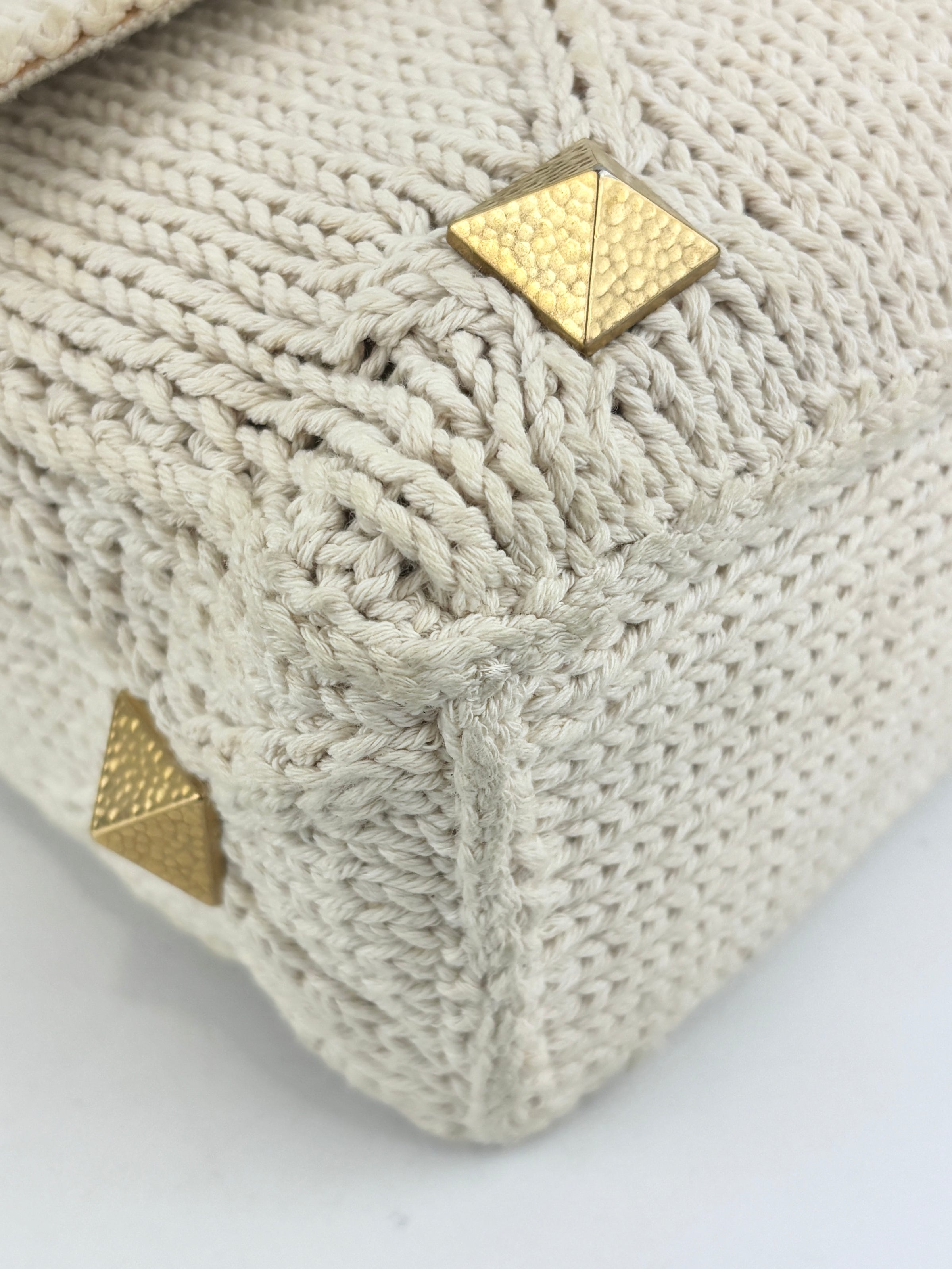 Off White Lurex Knit Fabric Roman Stud Shoulder Bag