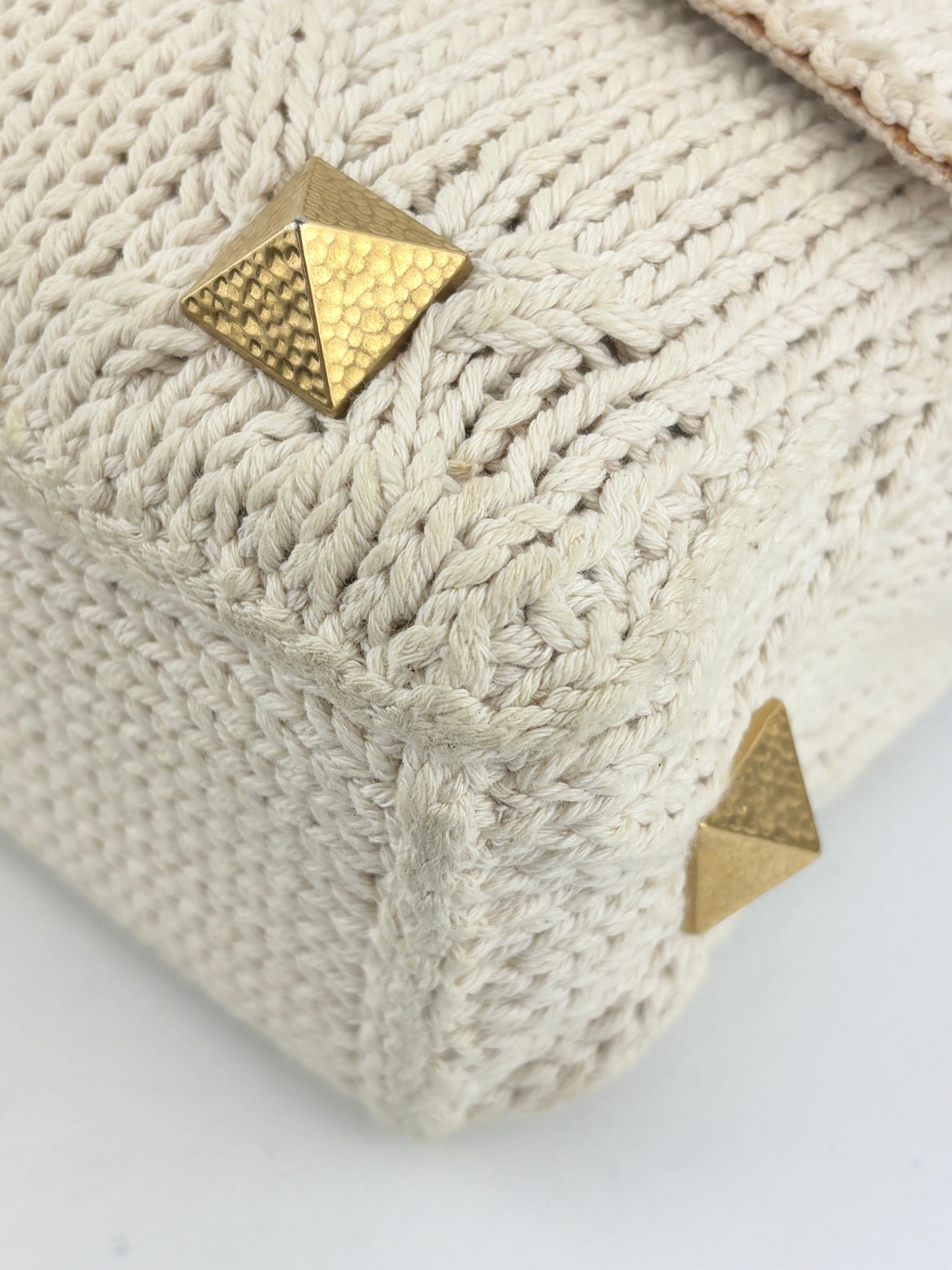 Off White Lurex Knit Fabric Roman Stud Shoulder Bag