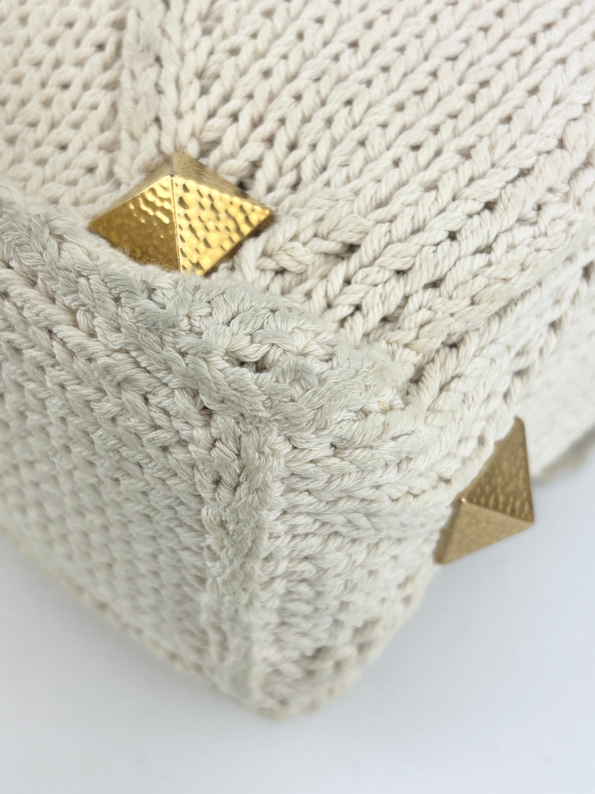 Off White Lurex Knit Fabric Roman Stud Shoulder Bag