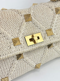 Off White Lurex Knit Fabric Roman Stud Shoulder Bag