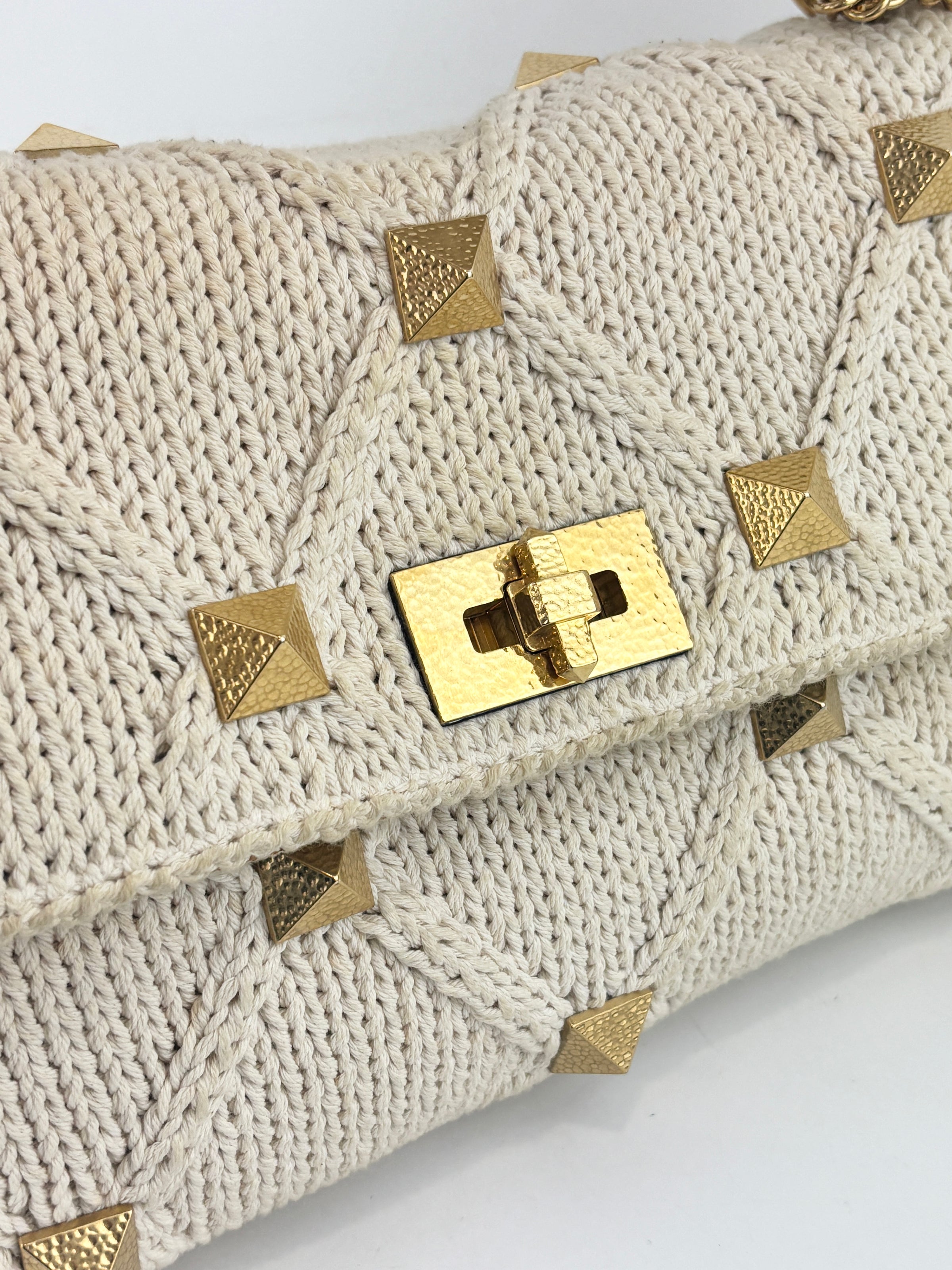 Off White Lurex Knit Fabric Roman Stud Shoulder Bag