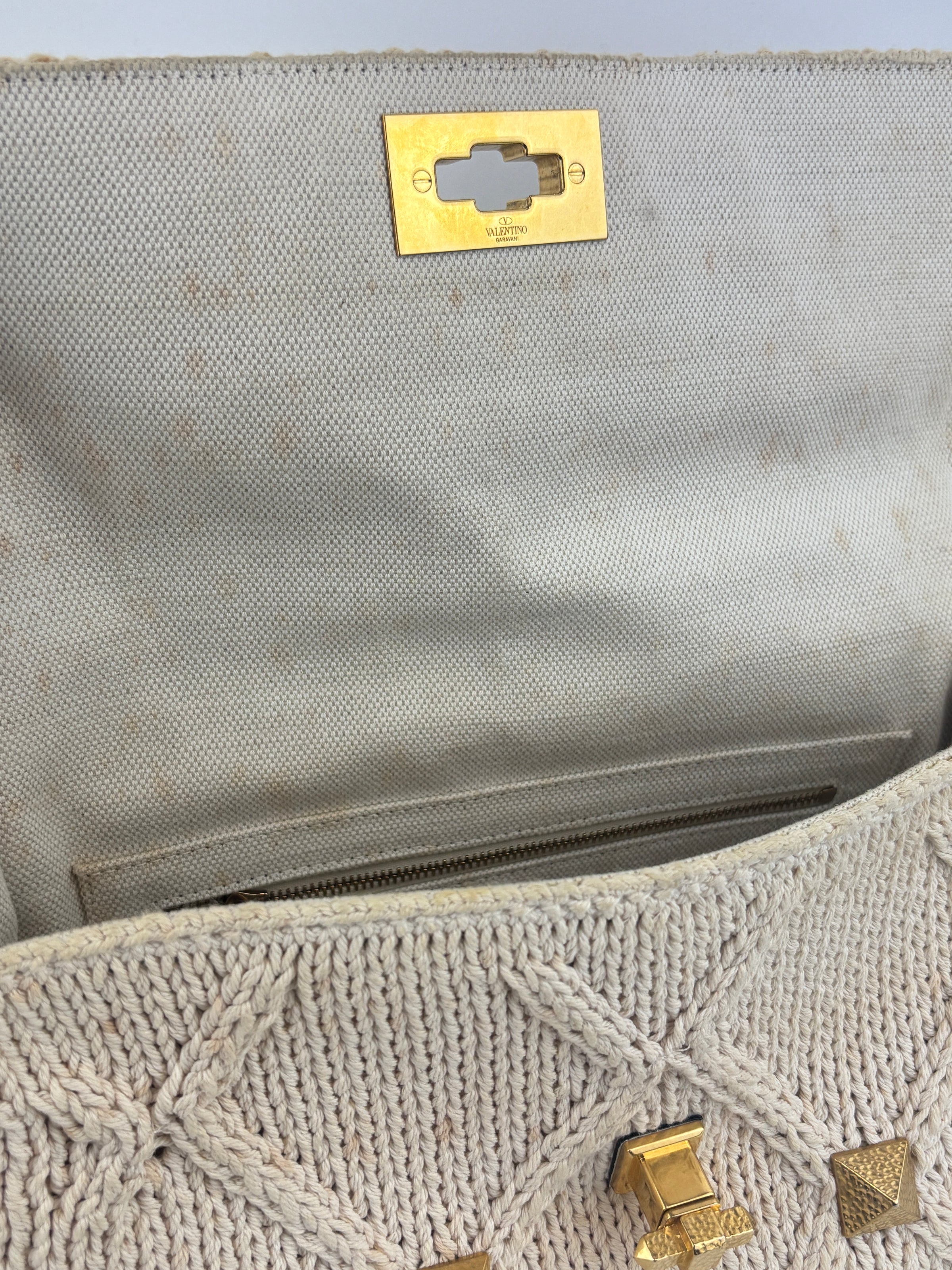Off White Lurex Knit Fabric Roman Stud Shoulder Bag