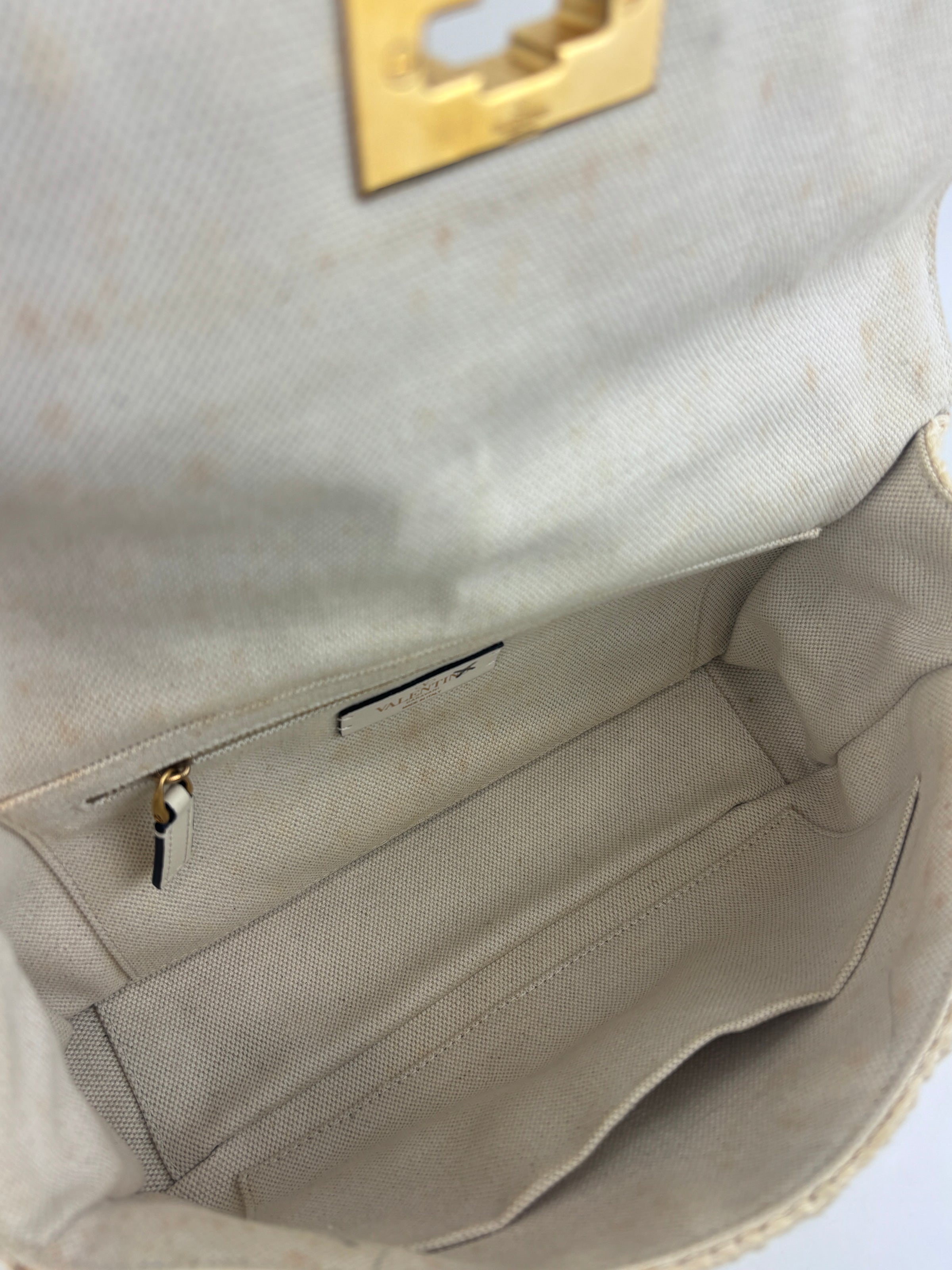 Off White Lurex Knit Fabric Roman Stud Shoulder Bag