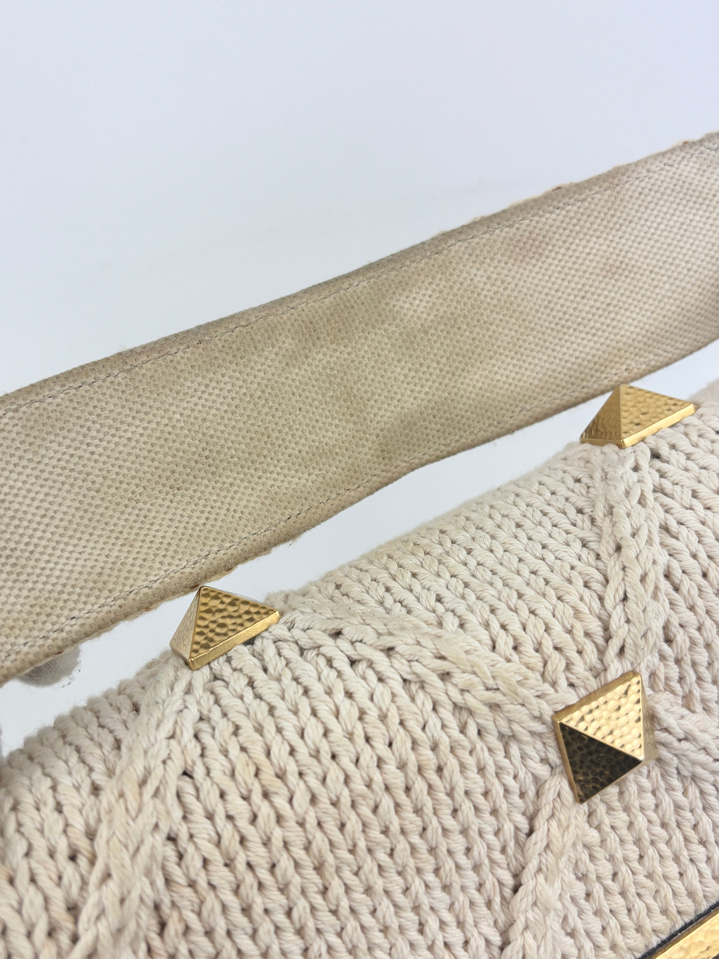 Off White Lurex Knit Fabric Roman Stud Shoulder Bag