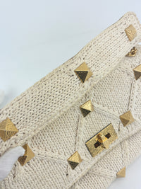 Off White Lurex Knit Fabric Roman Stud Shoulder Bag
