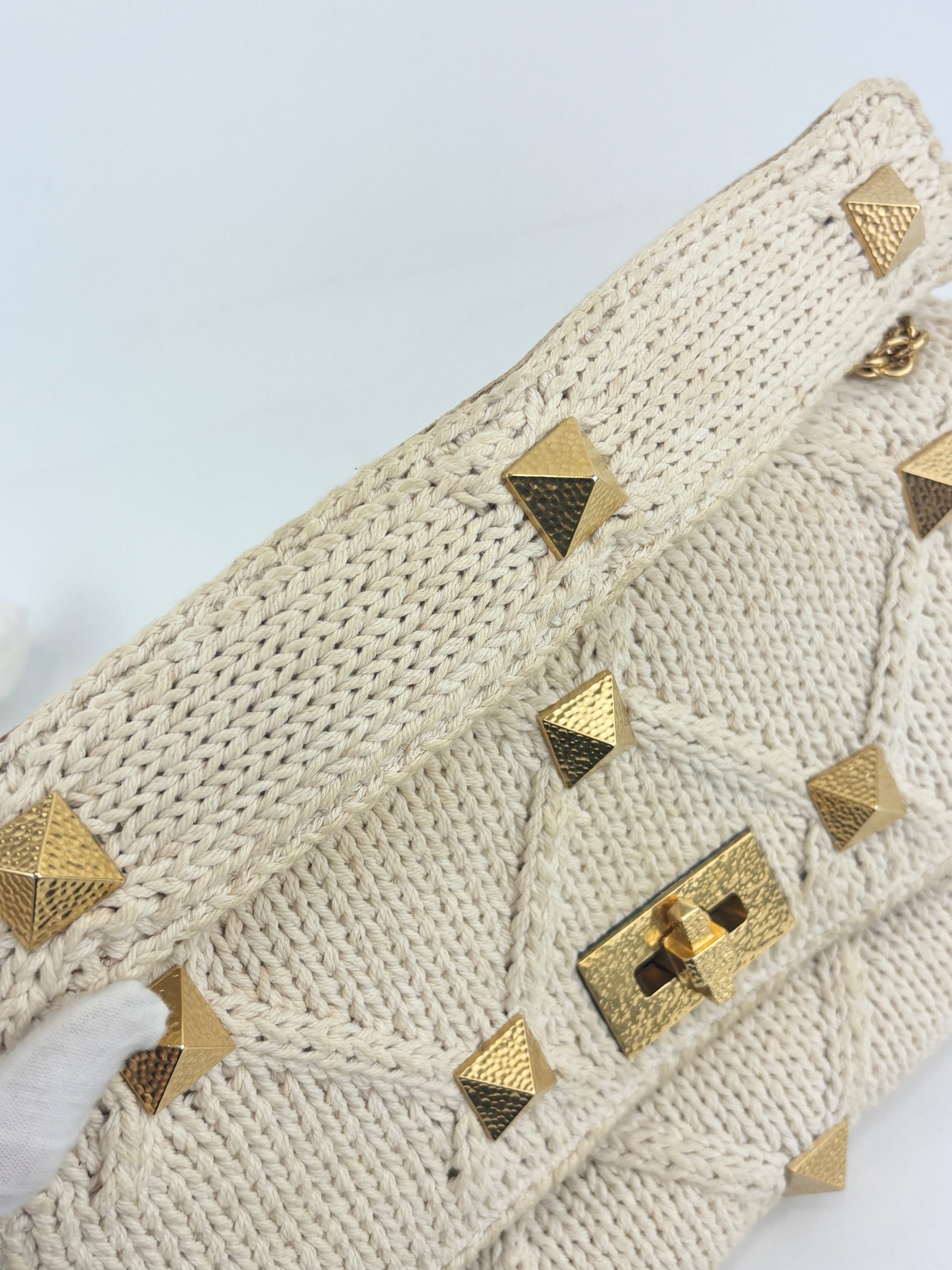 Off White Lurex Knit Fabric Roman Stud Shoulder Bag