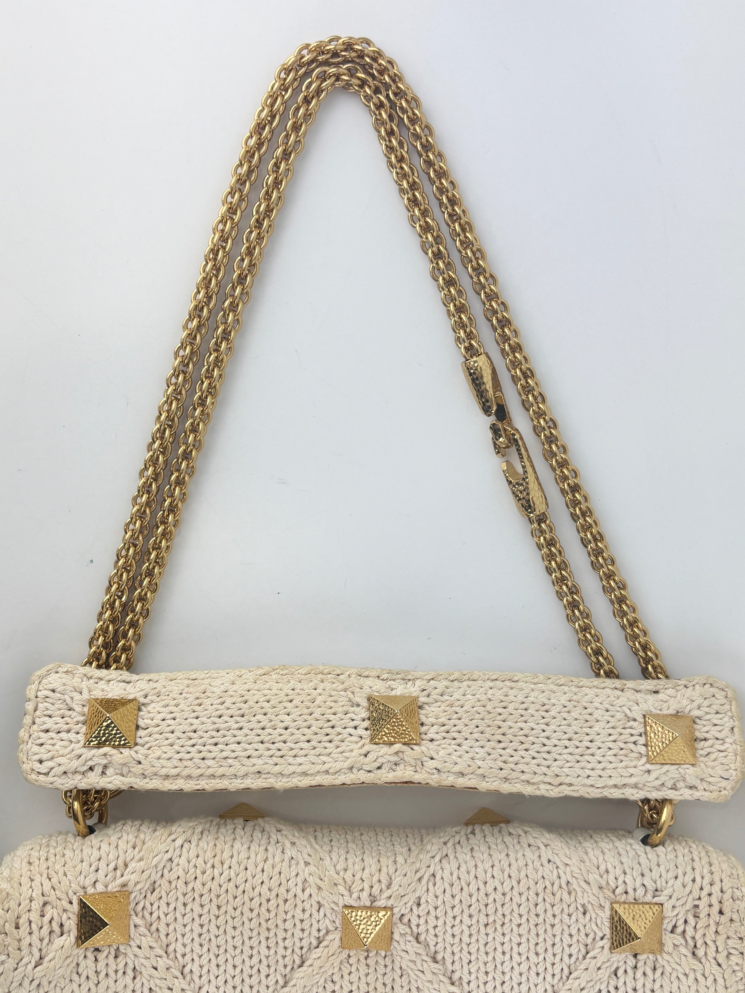 Off White Lurex Knit Fabric Roman Stud Shoulder Bag