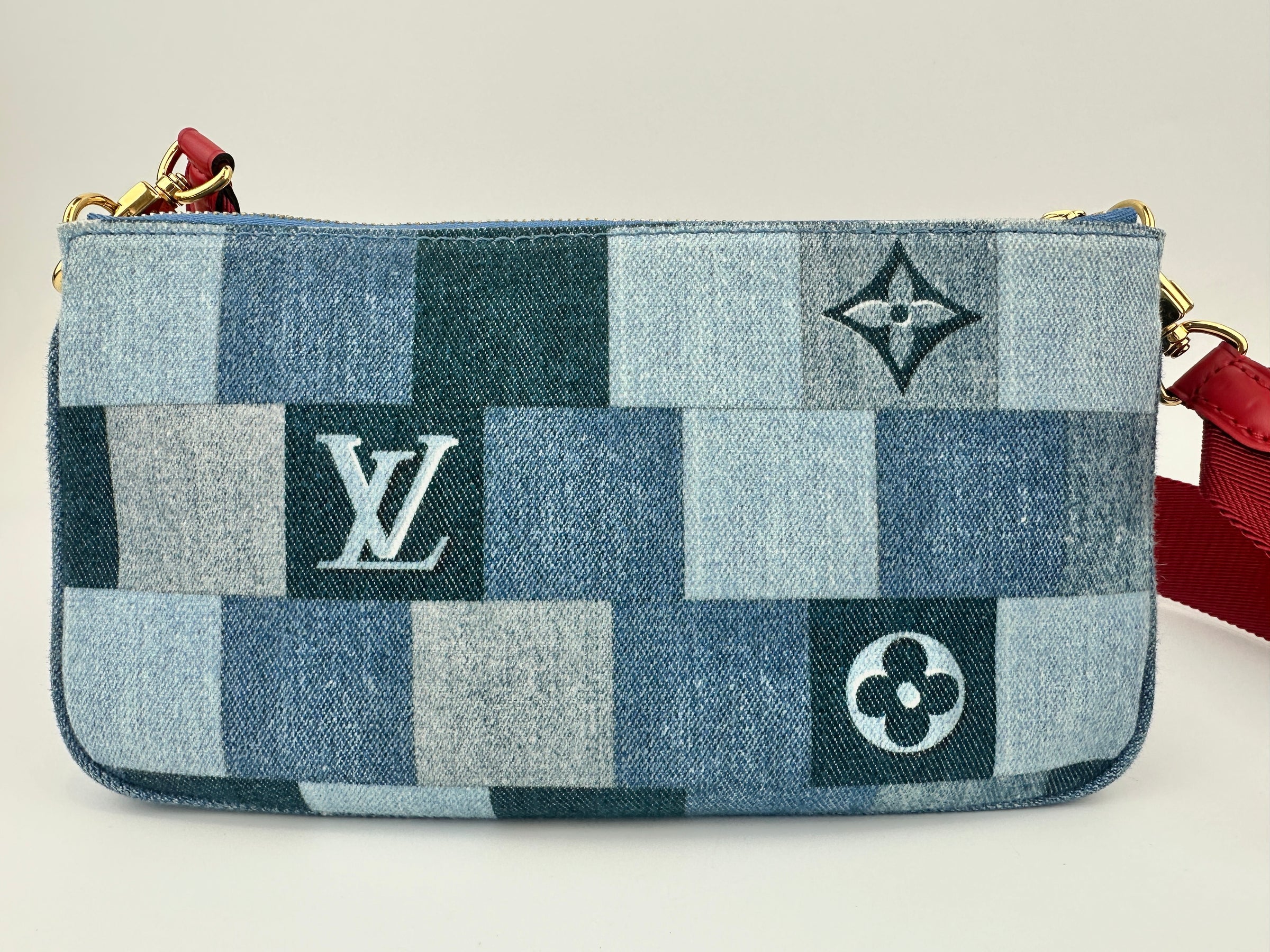 Multi Pochette Accessoires Denim Monogram Patchwork Check Blue/Red