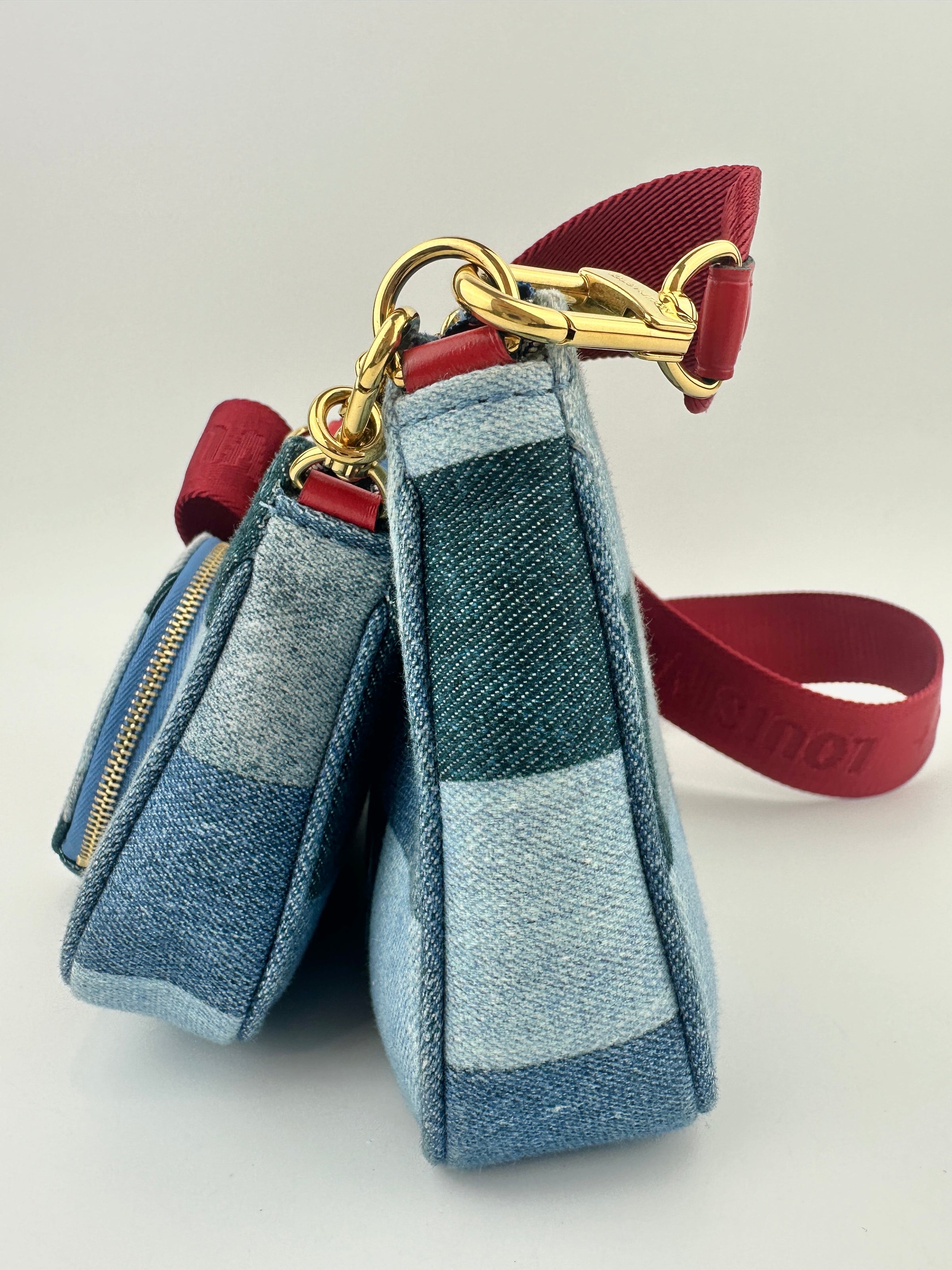 Multi Pochette Accessoires Denim Monogram Patchwork Check Blue/Red