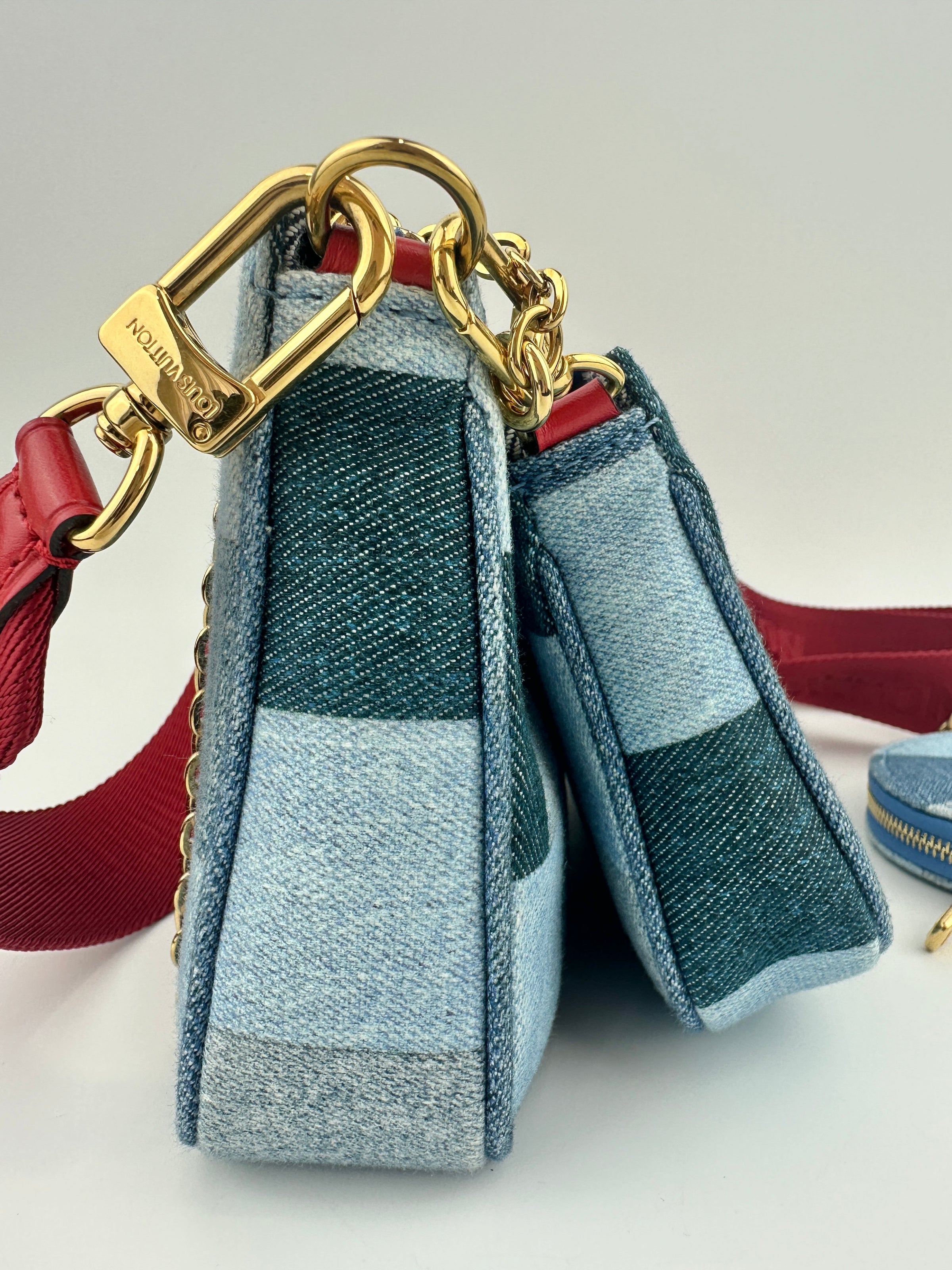 Multi Pochette Accessoires Denim Monogram Patchwork Check Blue/Red