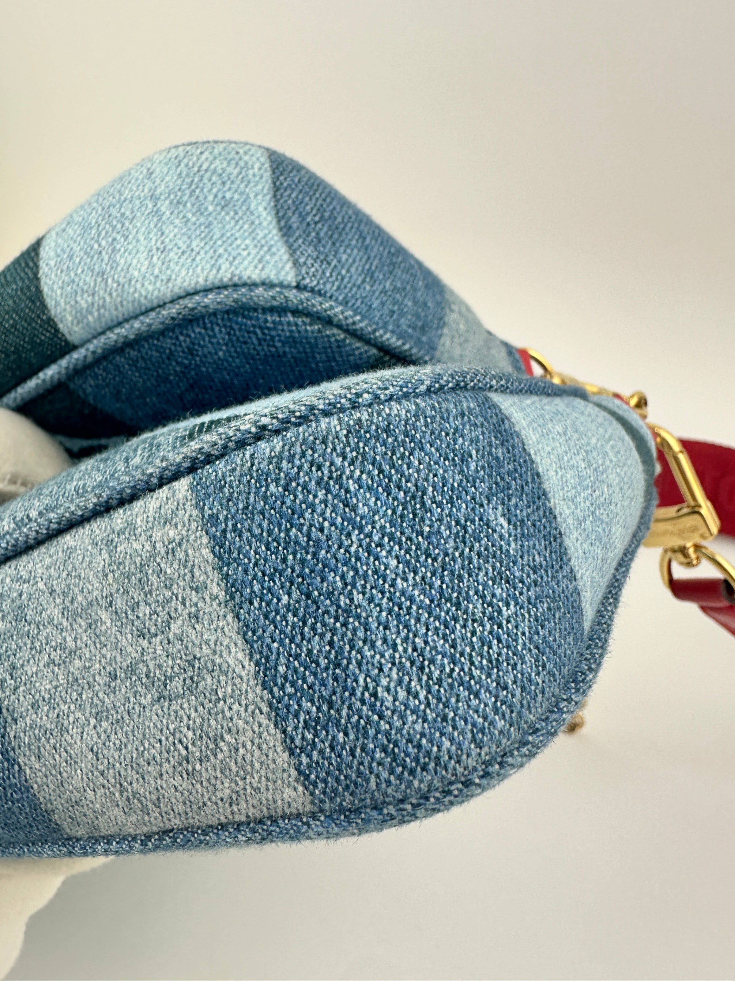 Multi Pochette Accessoires Denim Monogram Patchwork Check Blue/Red