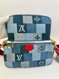 Multi Pochette Accessoires Denim Monogram Patchwork Check Blue/Red