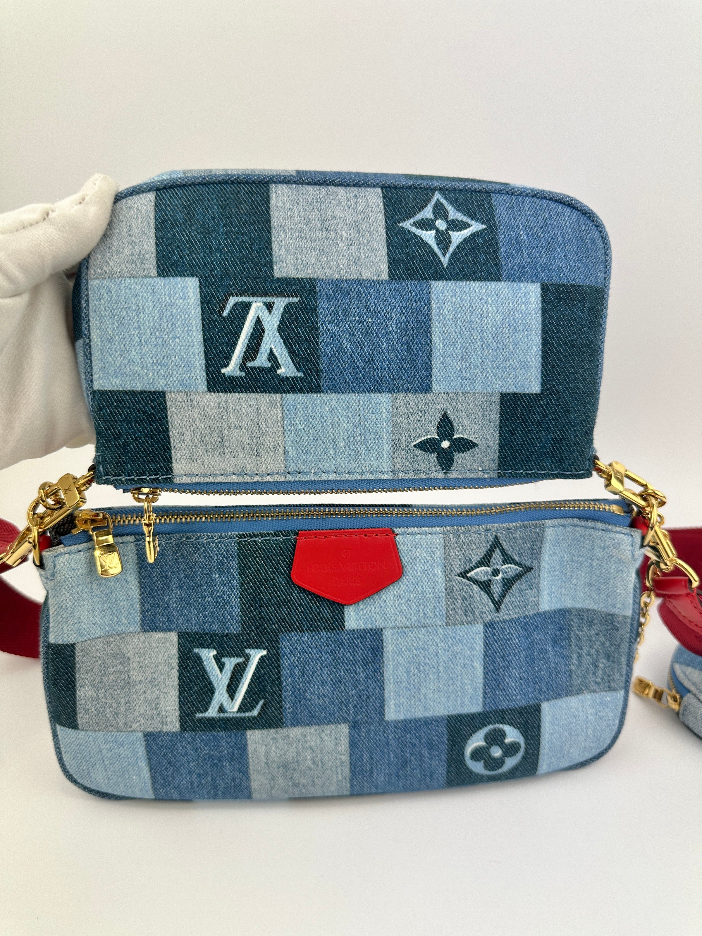 Multi Pochette Accessoires Denim Monogram Patchwork Check Blue/Red
