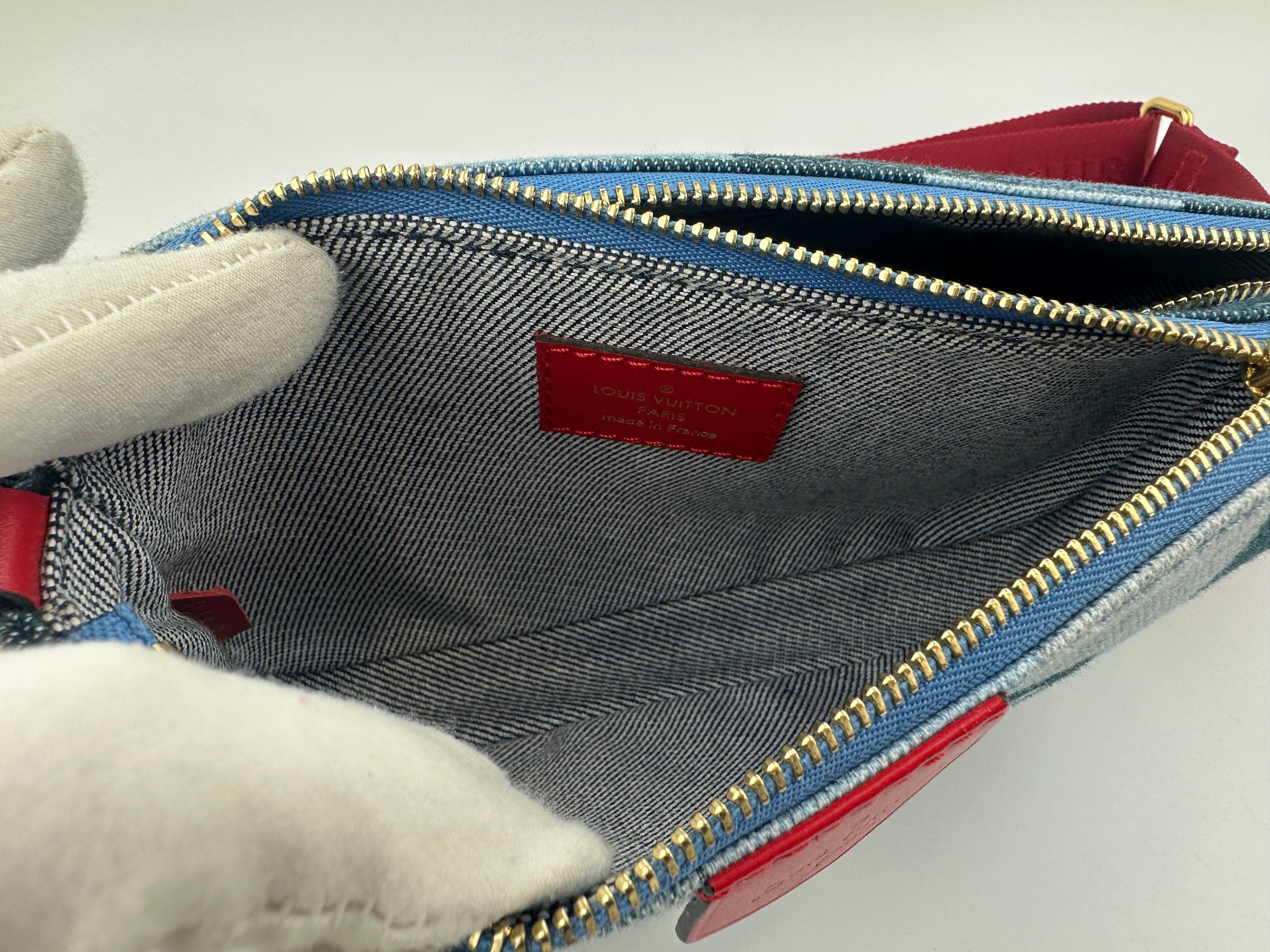 Multi Pochette Accessoires Denim Monogram Patchwork Check Blue/Red