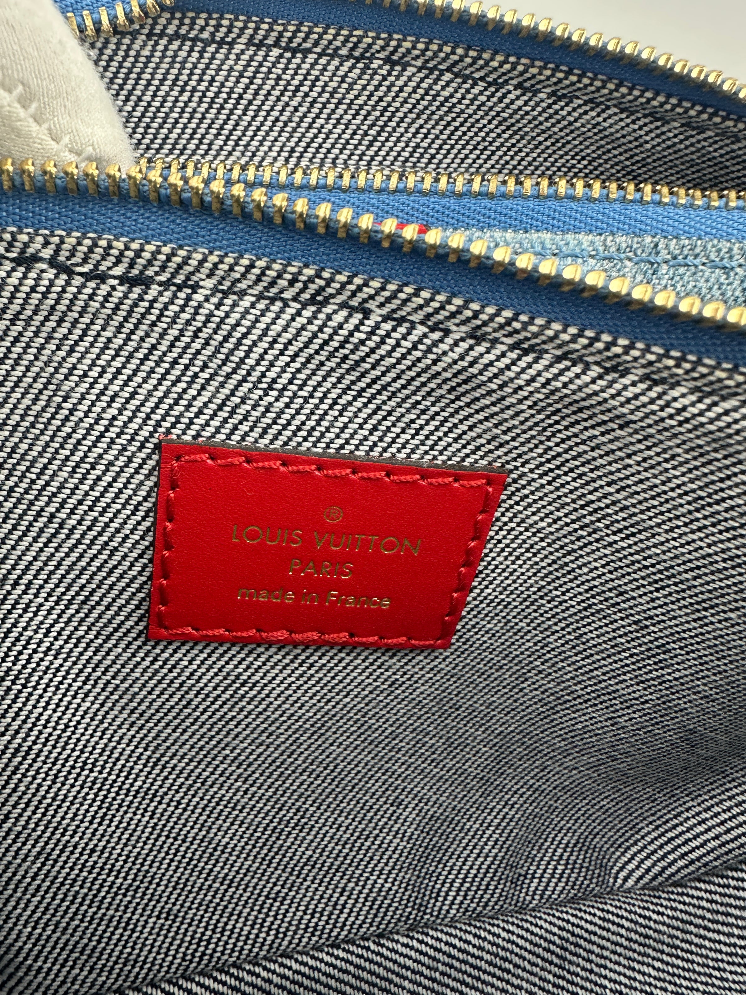 Multi Pochette Accessoires Denim Monogram Patchwork Check Blue/Red