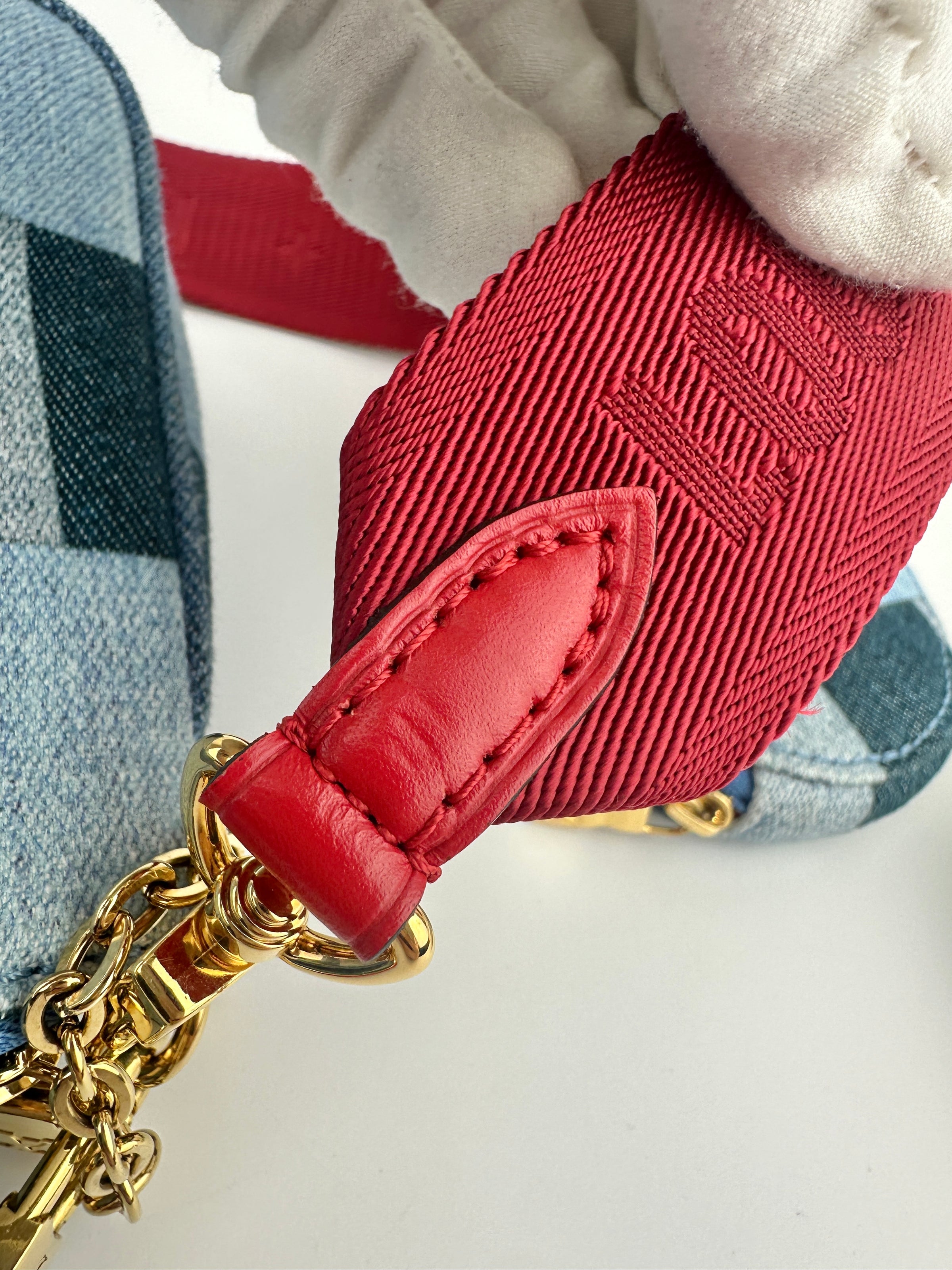 Multi Pochette Accessoires Denim Monogram Patchwork Check Blue/Red