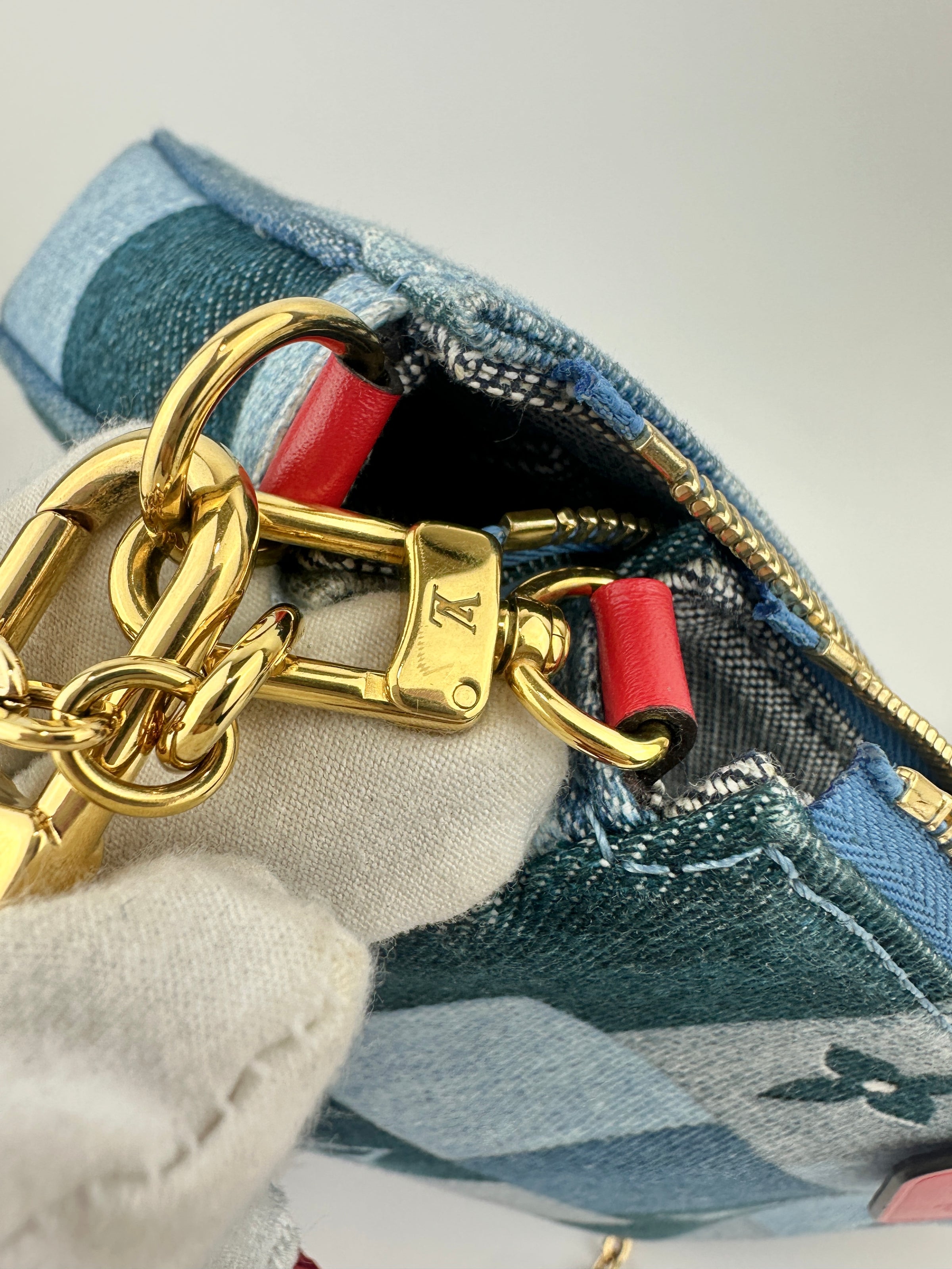 Multi Pochette Accessoires Denim Monogram Patchwork Check Blue/Red