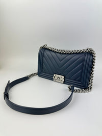 Old Medium Boy Chevron Lambskin Navy PHW