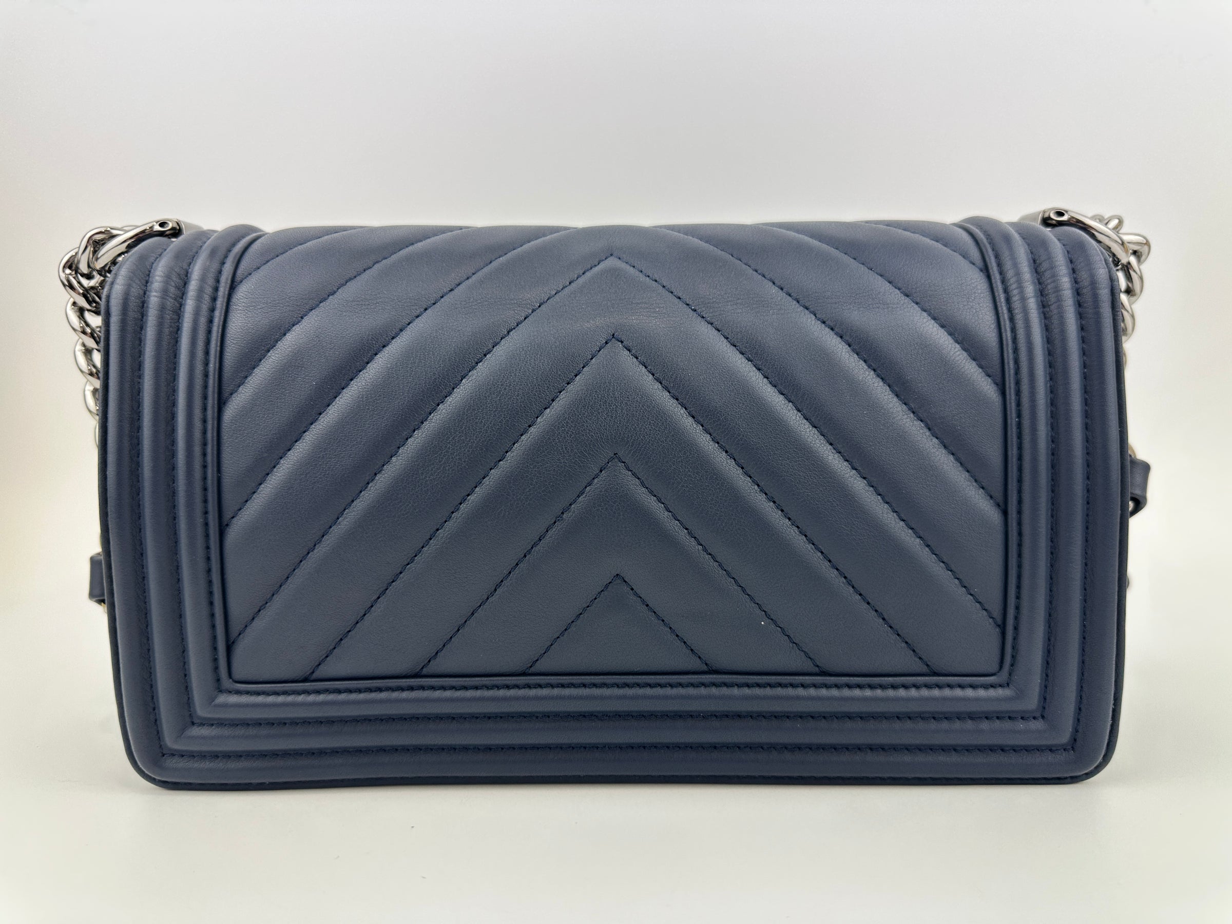 Old Medium Boy Chevron Lambskin Navy PHW