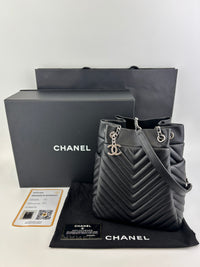Small Chevron Urban Spirit Drawstring Bucket Bag Black Calfskin SHW - Glampot