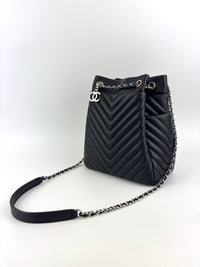 Small Chevron Urban Spirit Drawstring Bucket Bag Black Calfskin SHW - Glampot