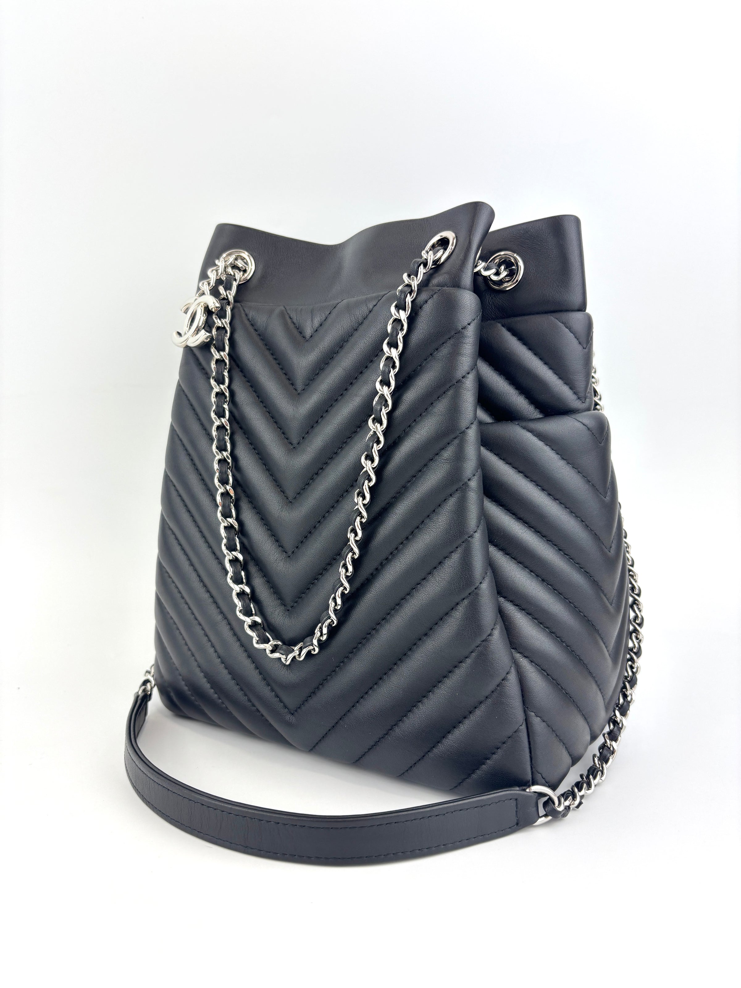 Small Chevron Urban Spirit Drawstring Bucket Bag Black Calfskin SHW - Glampot