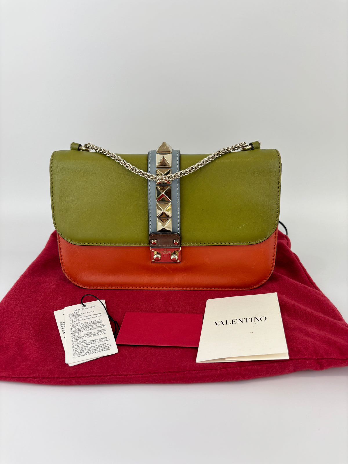 Rockstud Medium Glam Lock Flap Bag in Green / Orange / Brown