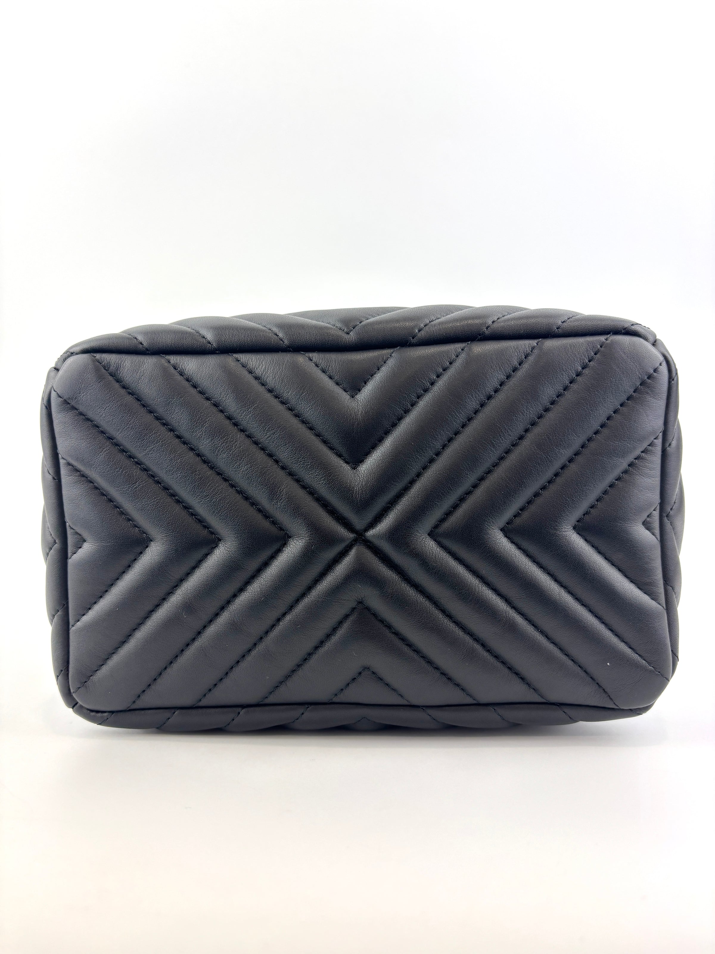 Small Chevron Urban Spirit Drawstring Bucket Bag Black Calfskin SHW - Glampot