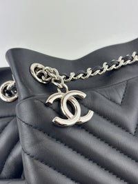 Small Chevron Urban Spirit Drawstring Bucket Bag Black Calfskin SHW - Glampot