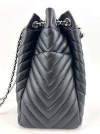 Small Chevron Urban Spirit Drawstring Bucket Bag Black Calfskin SHW - Glampot