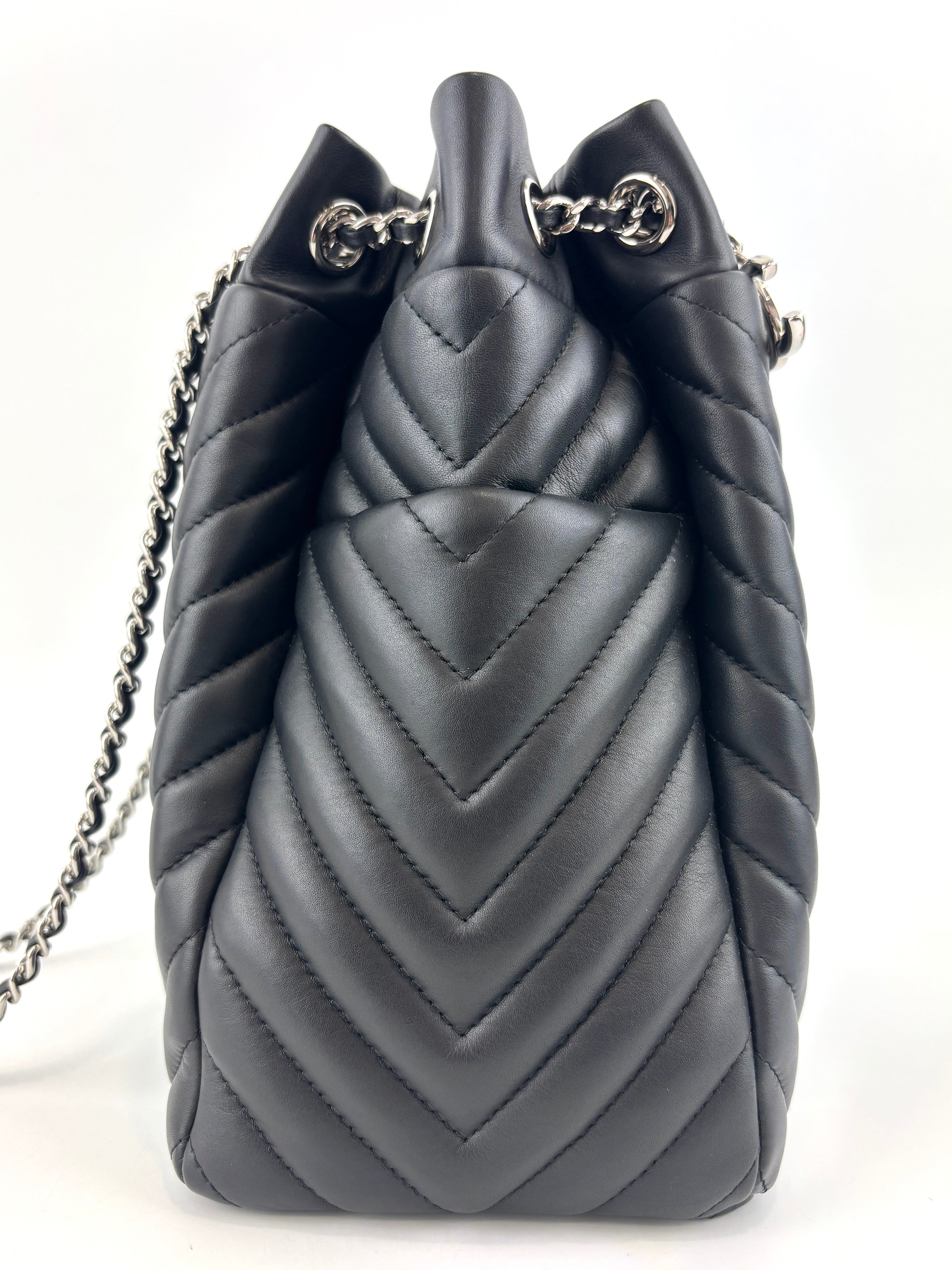 Small Chevron Urban Spirit Drawstring Bucket Bag Black Calfskin SHW - Glampot