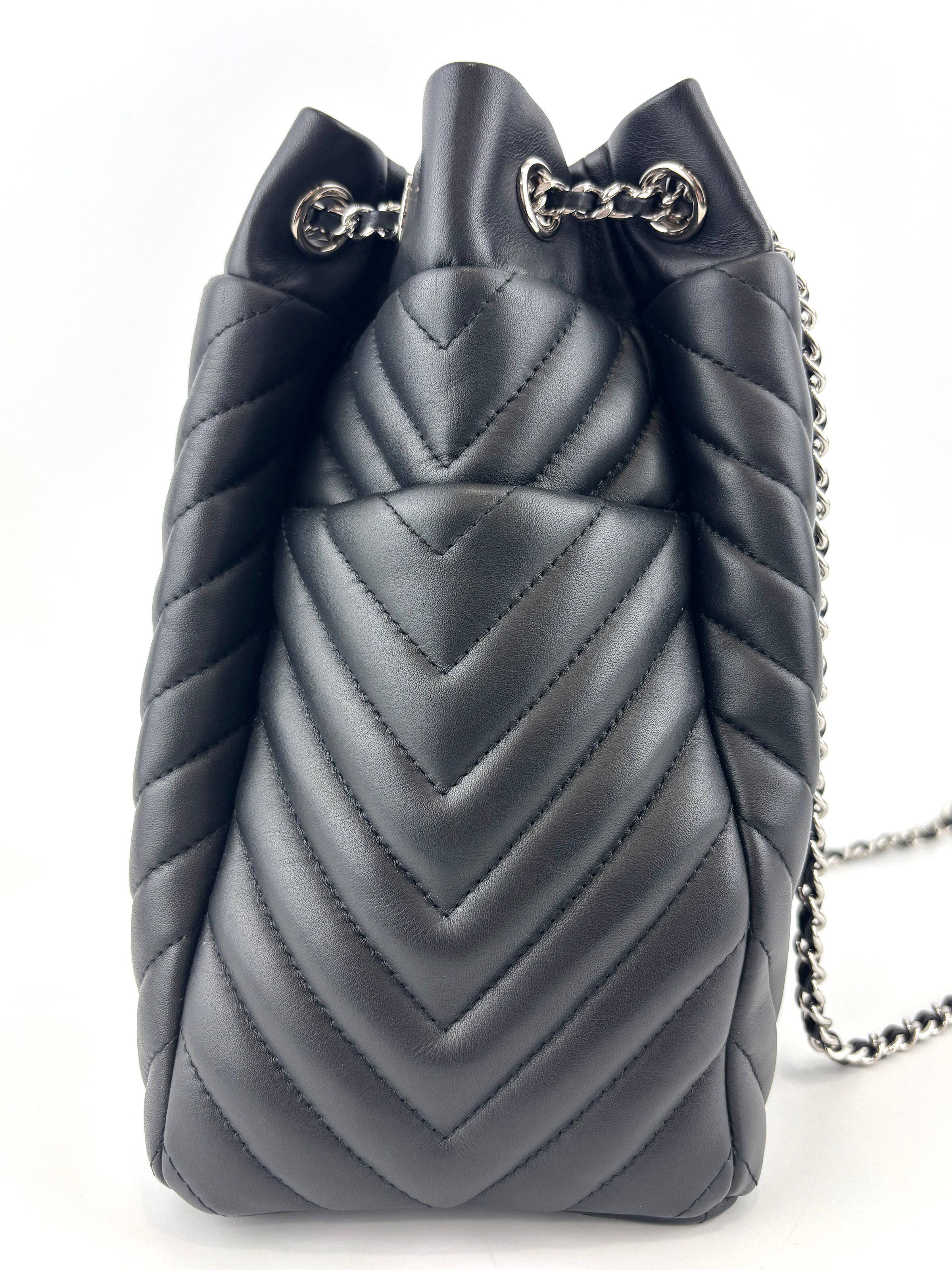 Small Chevron Urban Spirit Drawstring Bucket Bag Black Calfskin SHW - Glampot