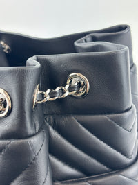Small Chevron Urban Spirit Drawstring Bucket Bag Black Calfskin SHW - Glampot