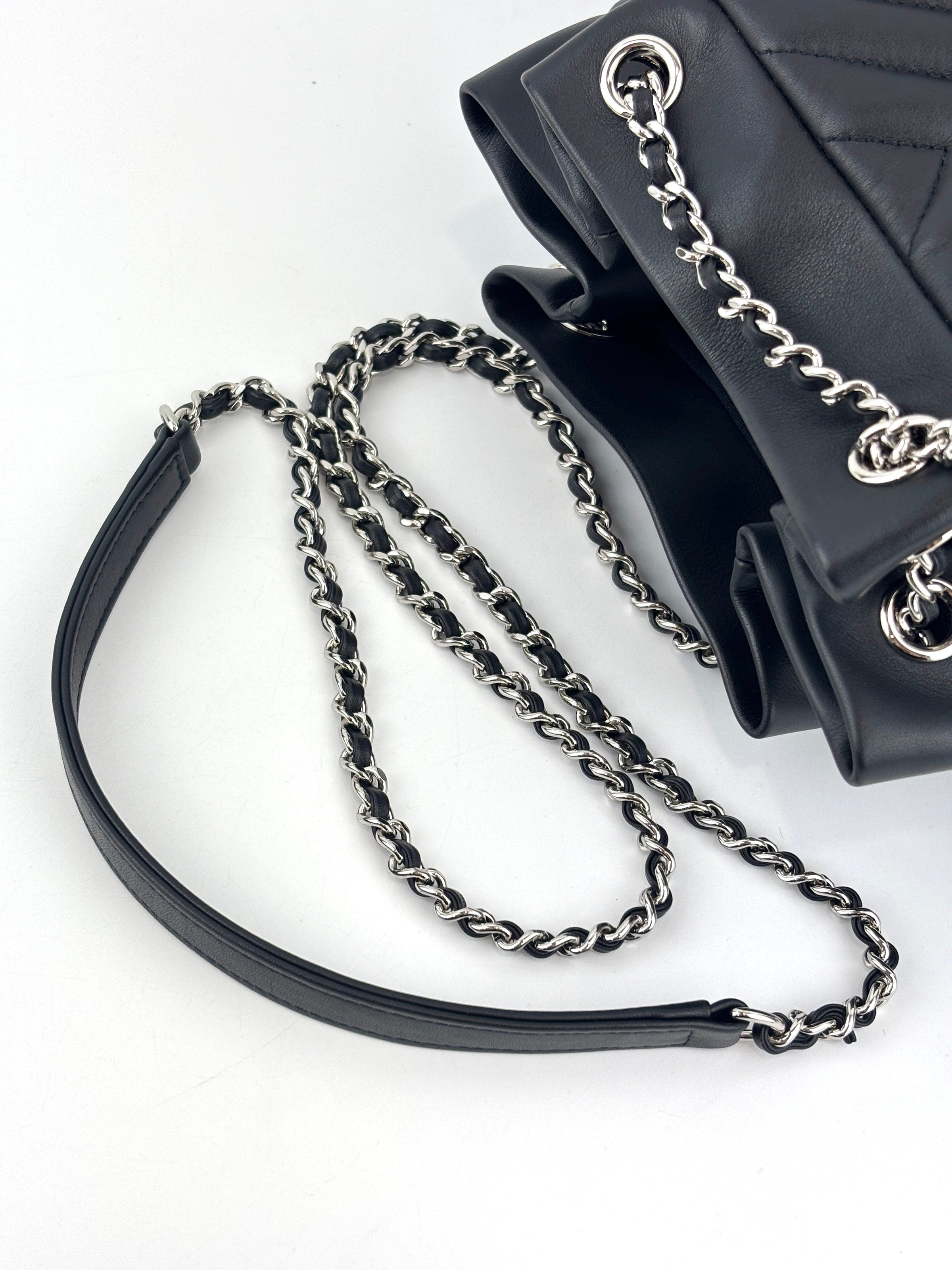 Small Chevron Urban Spirit Drawstring Bucket Bag Black Calfskin SHW - Glampot