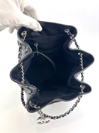 Small Chevron Urban Spirit Drawstring Bucket Bag Black Calfskin SHW - Glampot