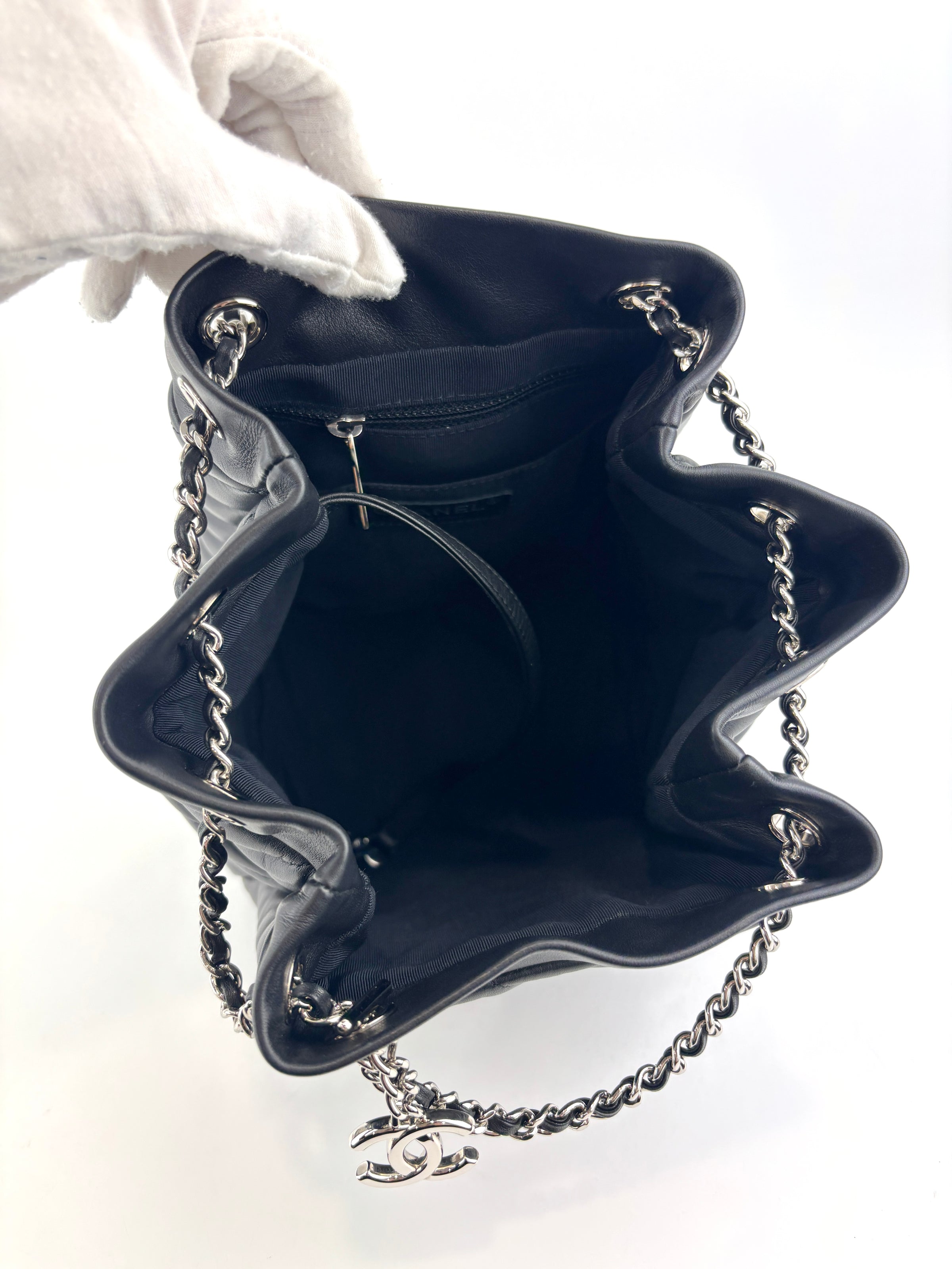 Small Chevron Urban Spirit Drawstring Bucket Bag Black Calfskin SHW - Glampot