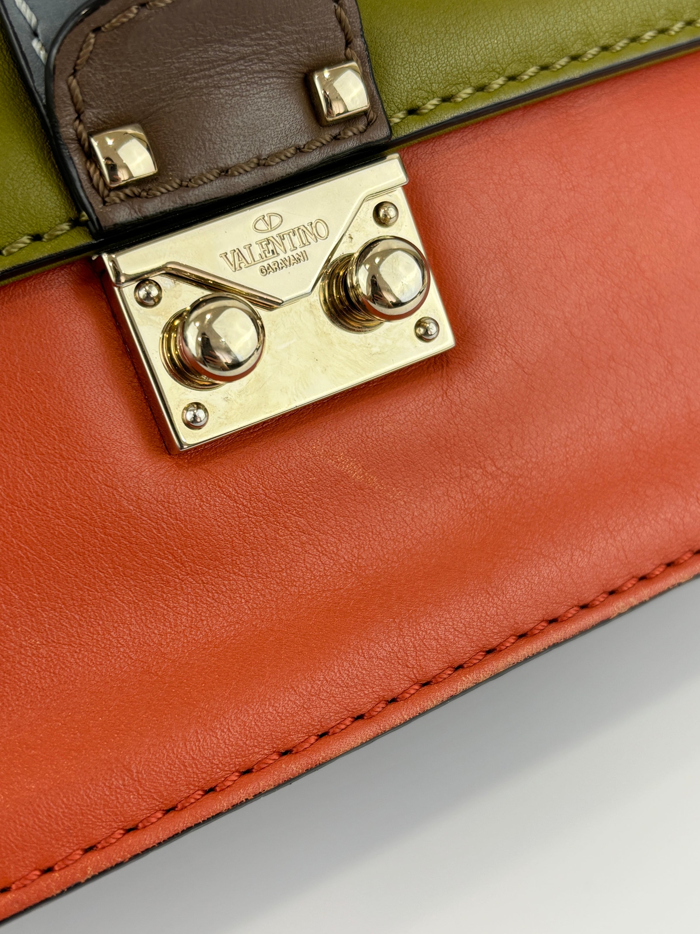 Rockstud Medium Glam Lock Flap Bag in Green / Orange / Brown