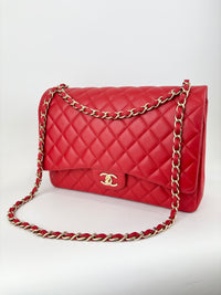 Maxi Double Flap Lambskin Red GHW