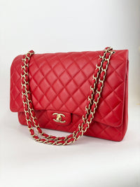 Maxi Double Flap Lambskin Red GHW