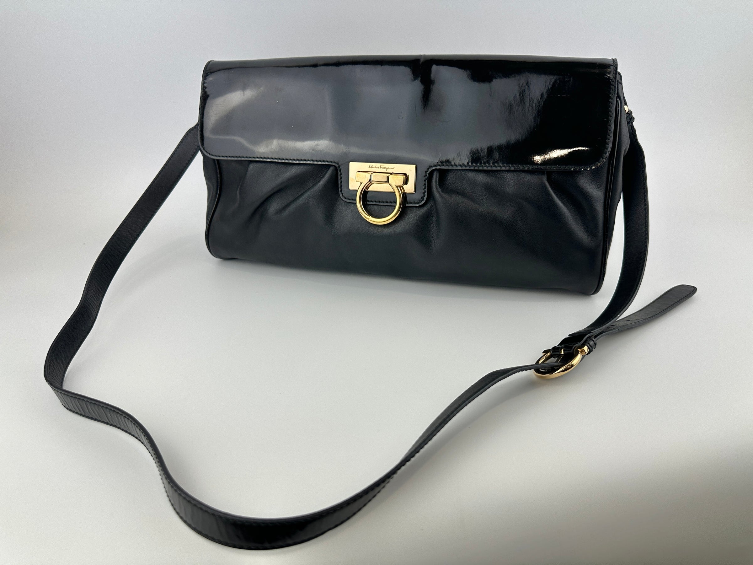 Gancini Large Flip-Lock Black Patent / Calfskin Crossbody Bag