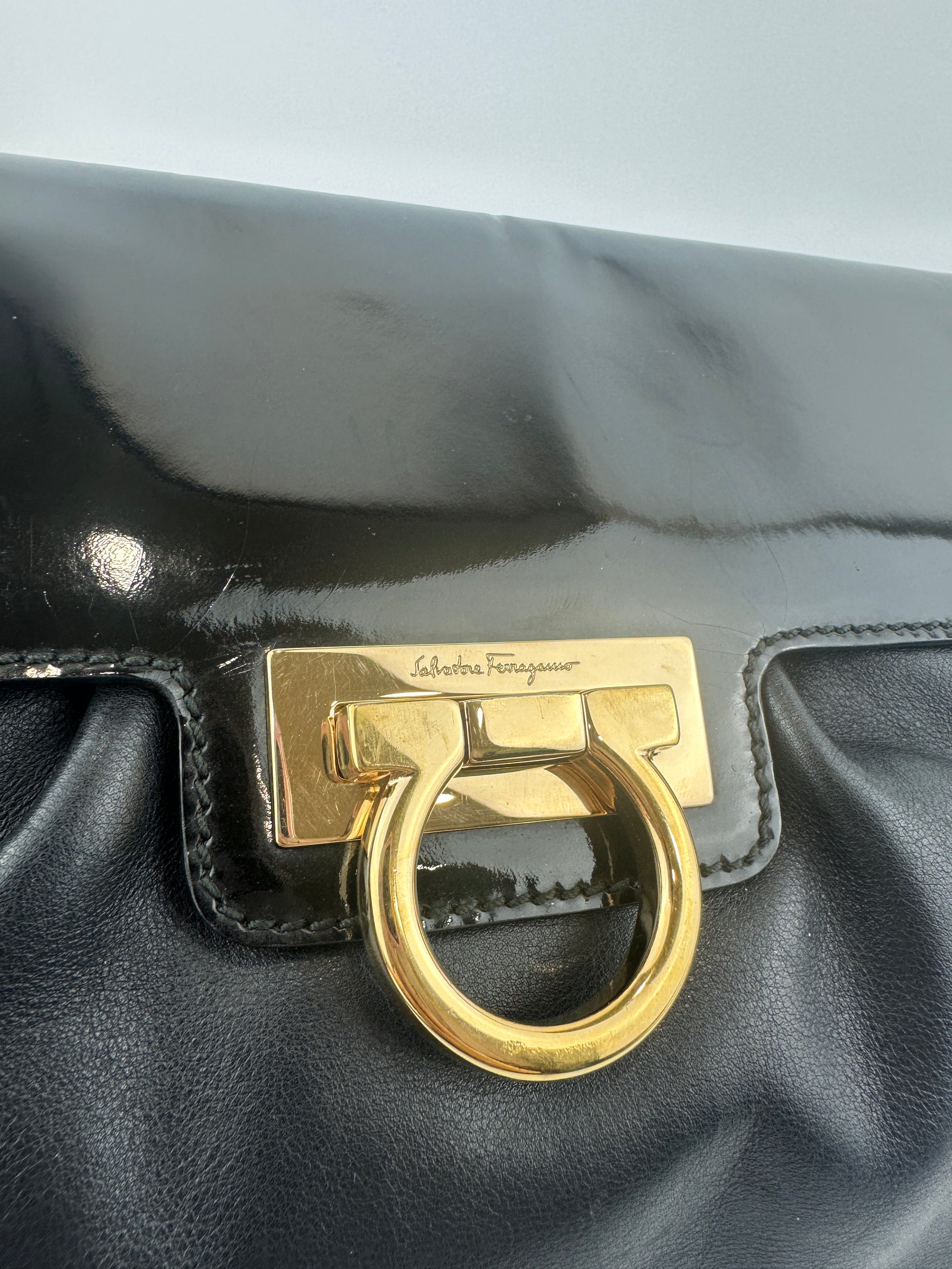 Gancini Large Flip-Lock Black Patent / Calfskin Crossbody Bag