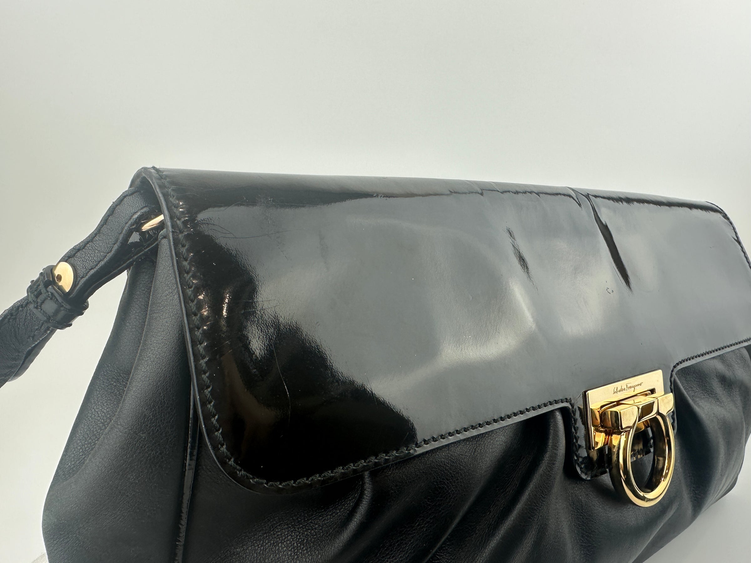 Gancini Large Flip-Lock Black Patent / Calfskin Crossbody Bag