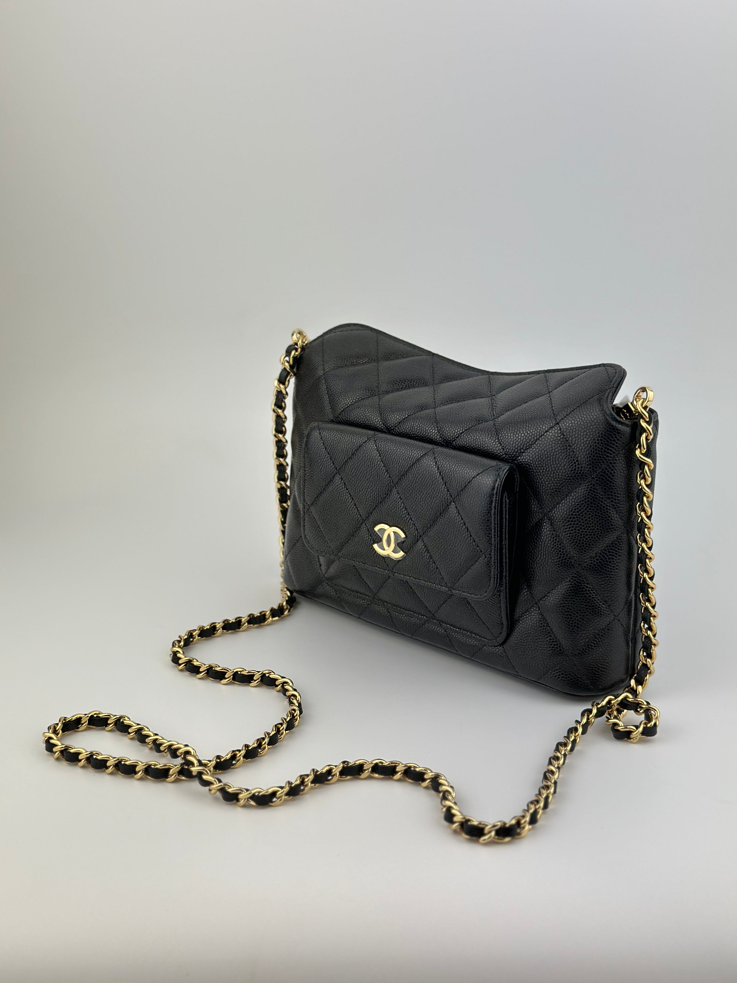 25P Polly Pocket Black Caviar Purse with Chain GHW