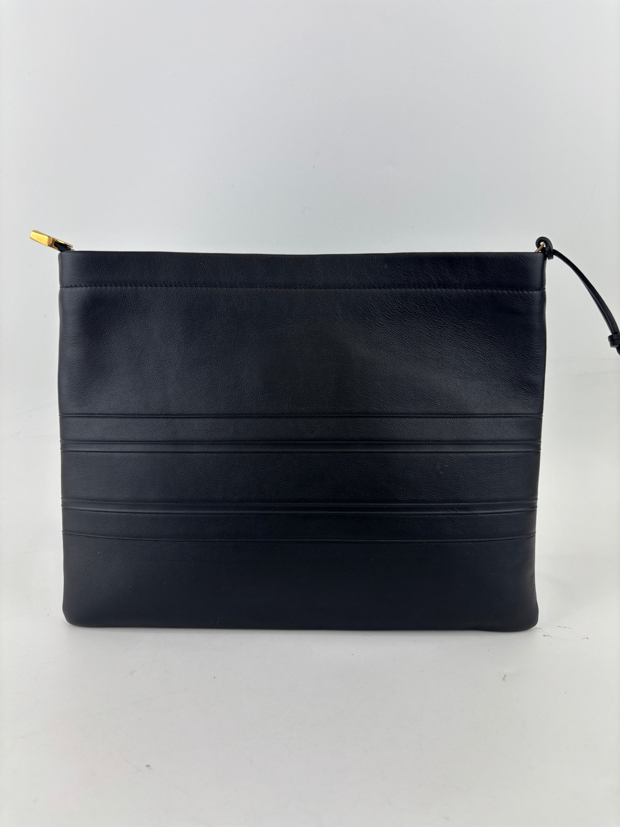 Smooth Calfskin Stripe Zip Clutch in Black