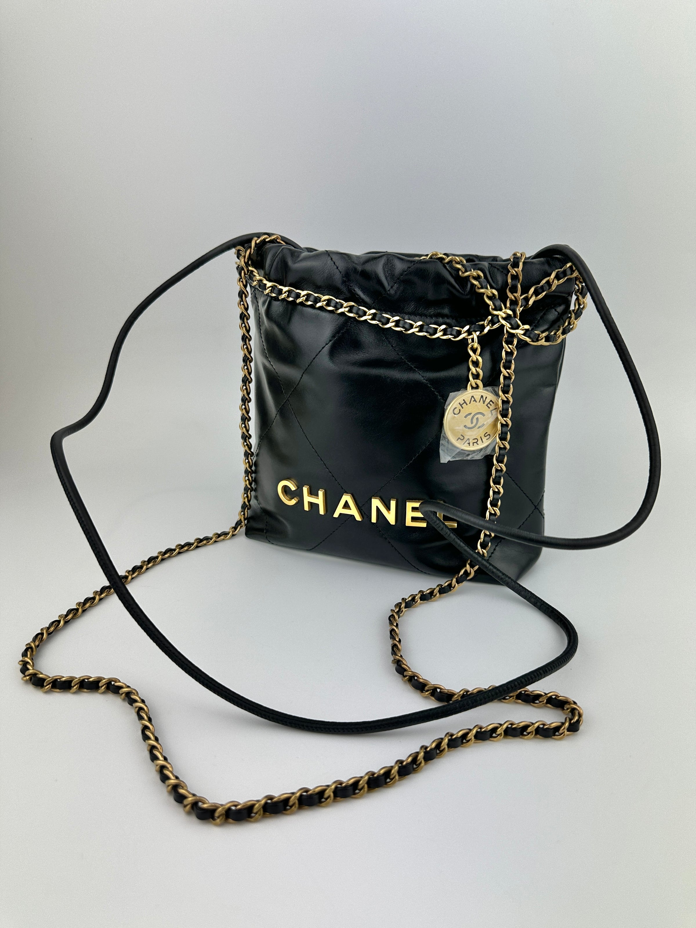 Mini 22 Black Shiny Calfskin & Gold-Tone Metal