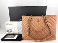 A91046 Calfskin Quilted Large Classic Shopping Tote Beige LGHW